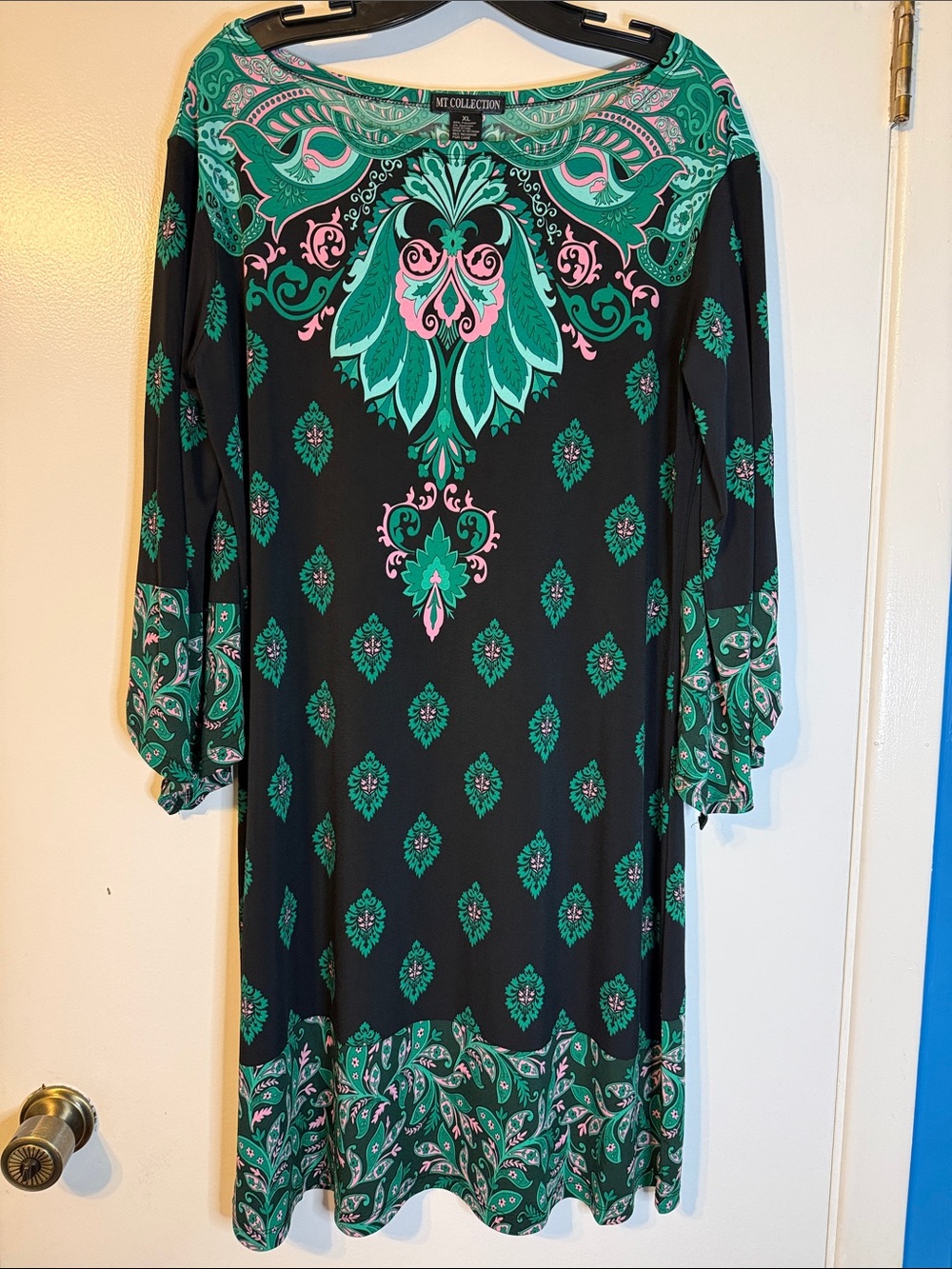 MT Collection Black Long Sleeve Dress with Green & Pink Paisley Print XL